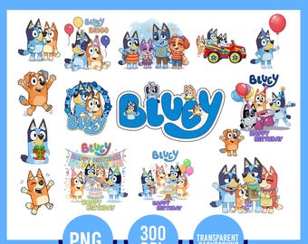 Bluey Geburtstag PNG Bundle, Bluey Familie PNG Bundle, Bluey, Bingo, Freunde Sublimationsgrafiken (Digitaler Download)