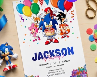 Bearbeitbare Sonic-Geburtstagseinladung - Sonic The Hedgehog Party einladen, Kinderfilm-Canva-Vorlage, Sofort-Download