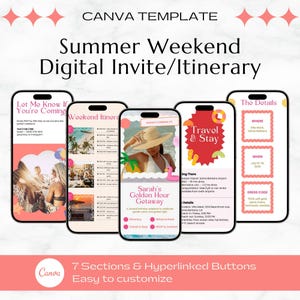 Summer Birthday & Travel Itinerary Template | Canva Digital Invite, Weekend Schedule, Packing List, Moodboard, Summer Trip, Girls Trip Plan