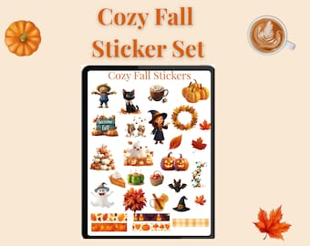 May include: A digital tablet displays a "Cozy Fall Sticker Set" with various autumn-themed illustrations. The stickers include pumpkins, a witch, a black cat, and fall leaves. A pumpkin and a coffee cup are on the background.