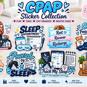 Può includere: Una collezione di oltre 90 adesivi CPAP con illustrazioni blu e rosa. I design includono una persona che prepara una macchina CPAP, tracker per appuntamenti del sonno, cuscini con testo, forniture CPAP, istruzioni per la pulizia e grafici.