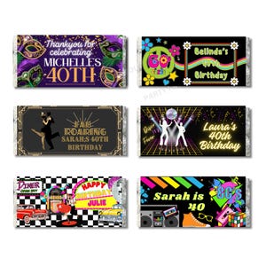 May include: Six chocolate bar wrappers with birthday themes. Designs include a purple masquerade theme, a 60s theme, a roaring 20s theme, a disco theme, a diner theme, and an 80s theme. Each wrapper has text with a name and age.