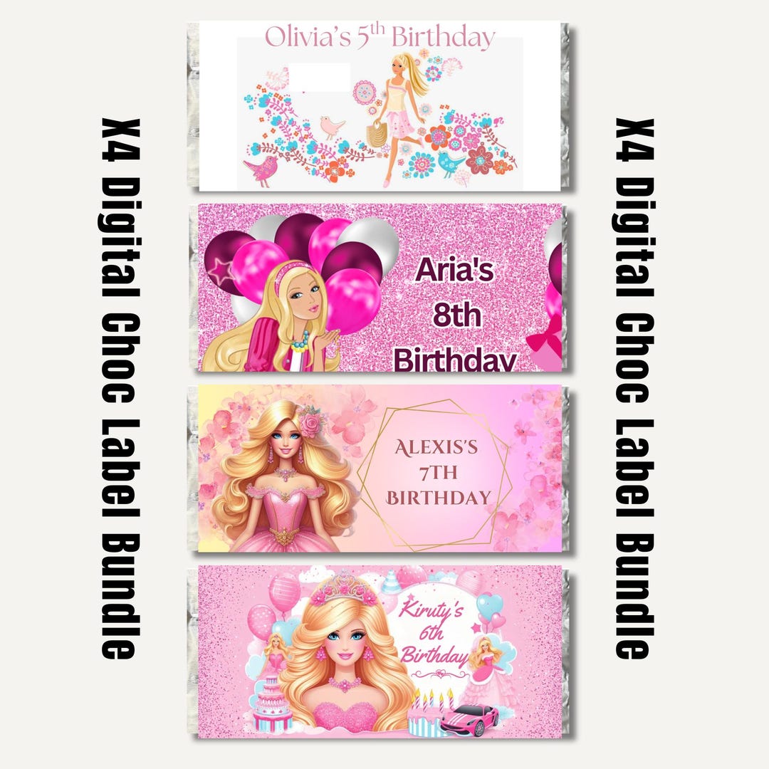 X4 Bundle Barbie Birthday Theme / Digital Personalised Chocolate Labels ...