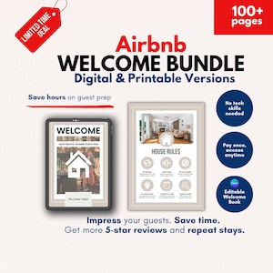 Plantilla de libro de bienvenida para anfitriones de Airbnb Guía para anfitriones de Airbnb Letreros editables e imprimibles Listas de verificación para anfitriones / Tamaños Carta de EE. UU., A4 y móvil