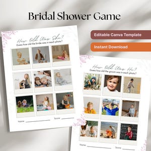 Hoe oud was zij of hij vrijgezellenfeestspel - afdrukbaar spel voor het raden van foto&#39;s - moderne bruiloftsactiviteit voor bruid en bruidegom