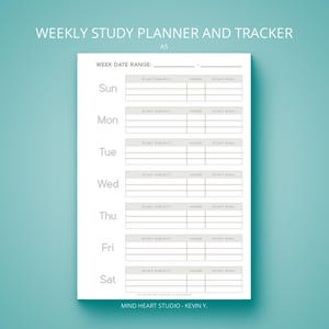 May include: A white A5 weekly study planner and tracker against a teal backdrop. The planner has sections for study subject, hours, and study goals for each day. Text at the top reads "WEEKLY STUDY PLANNER AND TRACKER".