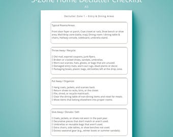 May include: A white checklist titled "5-Zone Home Declutter Checklist" with sections for entry and dining areas, including typical rooms, throw away/recycle, put away/organize, and give away/donate/sell. The checklist is on a light blue background.
