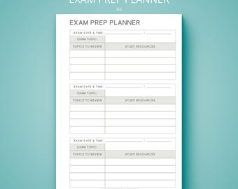 May include: A white A5 Exam Prep Planner with the text "EXAM PREP PLANNER" at the top. The planner includes sections for exam date, topic, topics to review, and study resources. The bottom of the planner has the text "MIND HEART STUDIO - KEVIN Y."