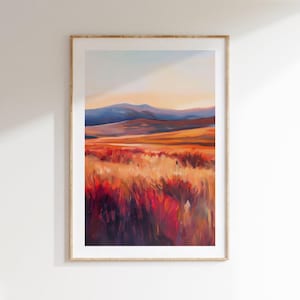 Autumn Field Landscape Art, Rustic Prairie Scene, Vintage Nature Wall Print, Digital Download, Farmhouse Style Printable