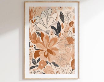 Terracotta Beige Abstract Floral Printable Wall Art – Modern Botanical Line Drawing, Neutral Digital Download for Boho Living Room Decor