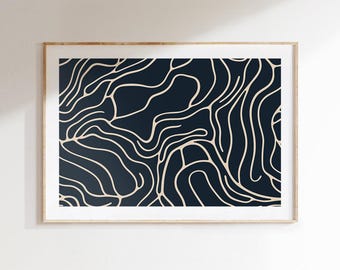 Arte lineal abstracto imprimible, arte mural en azul y beige, diseño minimalista inspirado en tinta, póster digital moderno para descargar.