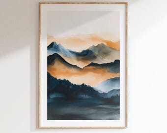 Modern Living Room Art Print, Watercolor Landscape Poster, Neutral Beige Abstract Wall Decor, Printable Digital File