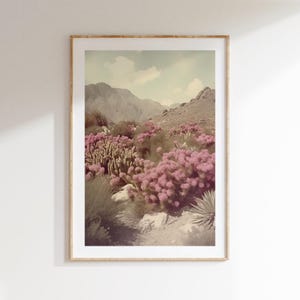 Vintage Wüstenlandschaft mit Kaktus und rosa Blumen - digitale Wandkunst, digitaler Download