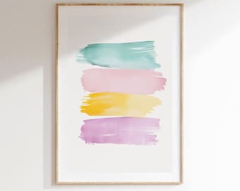 Colorful Abstract Wall Art, Pink Yellow Cyan Watercolor Shapes, Printable Modern Poster for Living Room or Office Decor