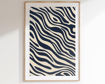 Blue Beige Line Pattern Art, Abstract Minimalist Wall Poster, Digital Download Print in Modern Ink Style
