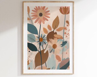 Retro florale digitale Wandkunst - Mid Century moderne Blumen Poster in Erdtönen - Boho Botanischer Druck, Vintage-Stil Kunst zum Herunterladen