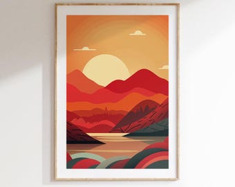 Vibrant Sunset Landscape Wall Art, Bold Abstract Mountain Scene in Red and Gold – Digital Download, Digital Art