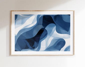 Impresión de acuarela abstracta, póster de formas azules, decoración de pared moderna y neutra, obra de arte digital para sala de estar u oficina.