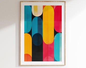 Mid Century Modern Abstract Print, Colorful Geometric Shapes, Digital Download, Printable Wall Art