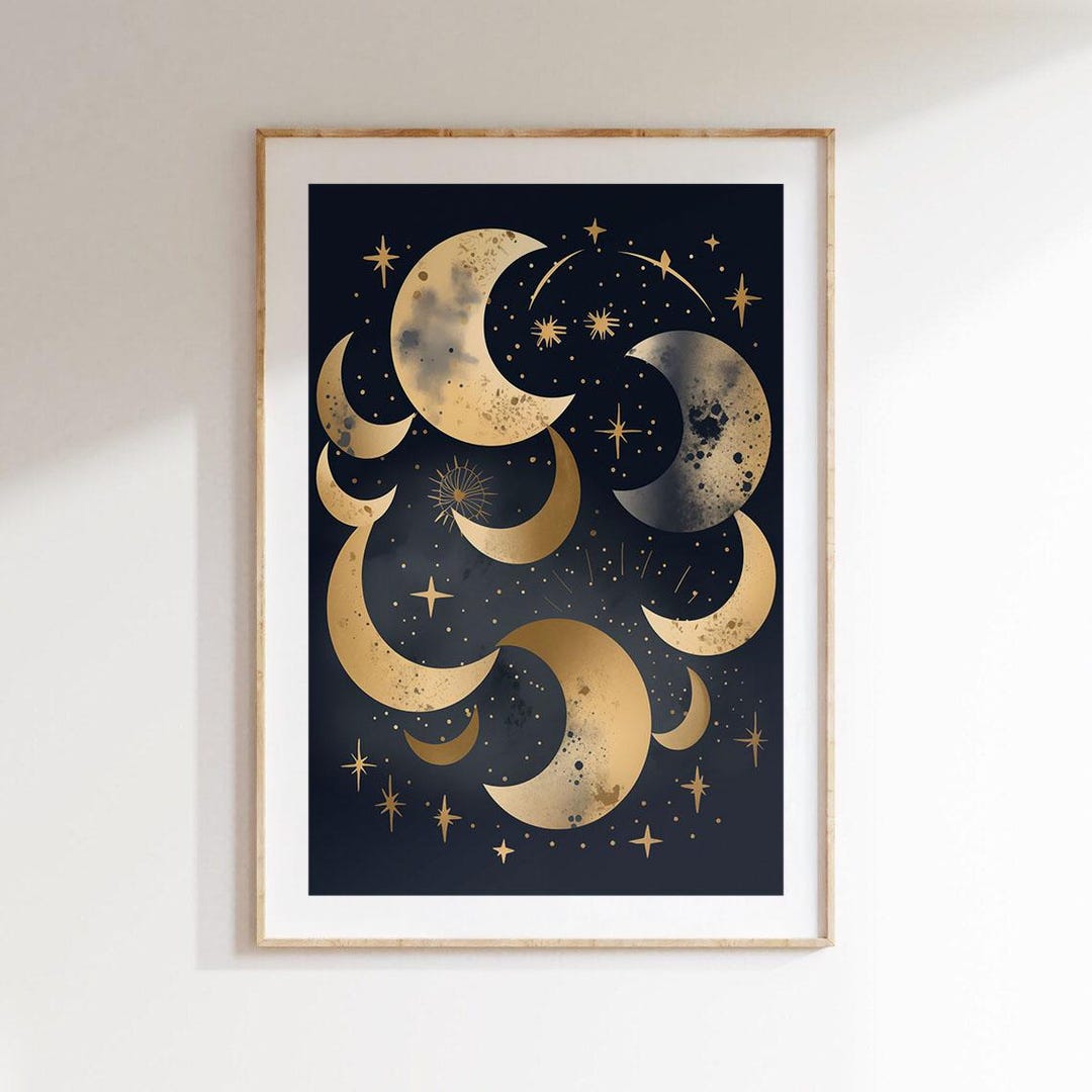 Celestial Moon and Stars Wall Art, Gold Lunar Phase Print on Dark ...
