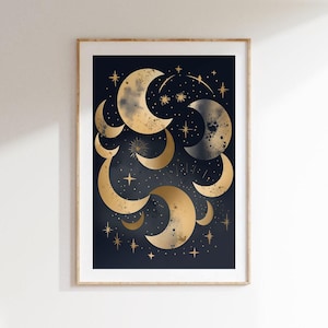 Celestial Moon and Stars Wall Art, Gold Lunar Phase Print on Dark Background – Digital Download, Digital Art