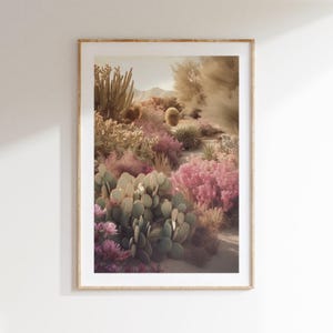 Verträumte Wüste Botanische Landschaft, Kunst mit Kaktus und rosa Blüten - zum Downloaden