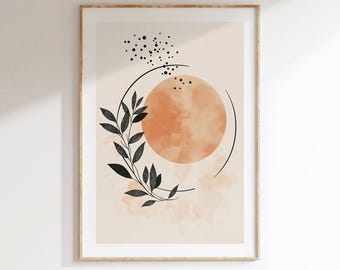 Boho Botanical Wall Art, Terracotta Sun Print, Mid Century Modern Decor, Abstract Plant Line Drawing, Digital Download Art