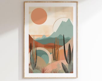 Desert Landscape Wall Art, Abstract Cactus Scene with Sun and Mountains – Digital Download, Digital Art