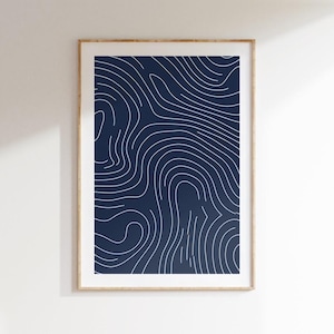 Blue Line Art Print, Abstract Linocut Style Poster, Minimalist Modern Wall Art, Neutral Digital Download for Home Decor