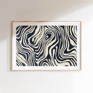 Neutral Abstract Line Art Print, Blue Linocut Style Poster, Minimalist Modern Wall Art for Home or Office