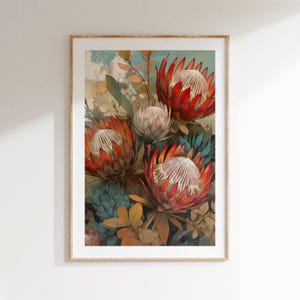 Protea Floral Wall Art Print, Vibrant Botanical Flower Poster, Digital Download Art for Living Room, Modern Nature Home Decor Printable