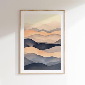 リビングルーム用デジタルウォールアート、抽象的な水彩風景画、ベージュニュートラルポスター、印刷可能なミニマリスト装飾