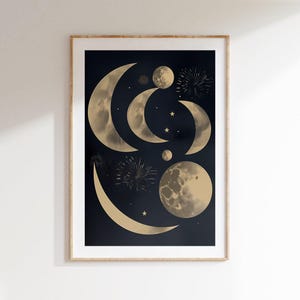 Celestial Moon Phase Wall Art, Mystical Lunar Print with Stars and Fireworks – Digital Download, Digital Art