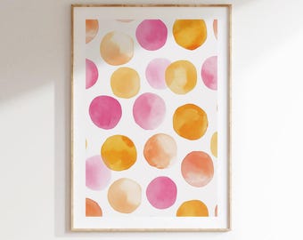 Póster de puntos de acuarela, arte circular abstracto minimalista, descarga digital para decoración de pared contemporánea.