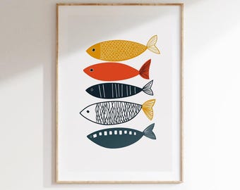 Retro Colorful Fish Wall Art, Printable Fish Poster, Vintage Kitchen Decor, Retro Kitchen Print, Digital Wall Art for Coastal