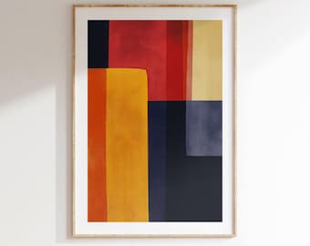 Odważny geometryczny abstrakcyjny plakat, styl Mid Century Modern, kolorowa sztuka cyfrowa do pobrania do domu lub biura