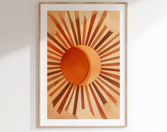 Boho Sun and Moon Print – Celestial Terracotta Wall Art with Radiating Rays – Abstract Modern Digital Download, Digital Art