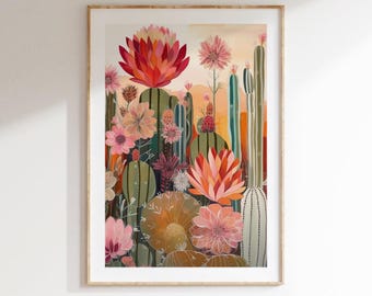 Giardino di cactus colorato con fiori del deserto – Arte murale digitale, download digitale