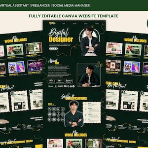 Puede incluir: Una plantilla de sitio web de Canva totalmente editable para un portafolio de diseñador digital. El diseño verde oscuro presenta texto amarillo, secciones para muestras de trabajo, habilidades, calificaciones y tres fotos de una persona.