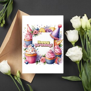 Happy Birthday Card - DIGITAL Download - Printable Birthday Card Featuring Colorful Cupcakes Printable Happy Birthday Card - Printable Card