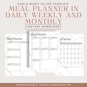 Mahlzeitenplaner in täglich, wöchentlich und monatlich mit Einkaufsliste zum ausdrucken, Mahlzeit Journal Seite Bullet Journal a5, Meal Prep Planungsvorlage Pdf