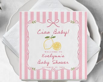 Custom Lemon Baby Shower Napkins, Pink Striped Baby Shower Napkins, Girl Baby Shower Napkins