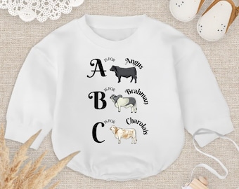 Cow Alphabet Baby Romper, Cow Species Baby Bodysuit, Western Cow Baby Romper, Animal Lovers