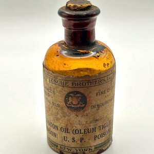 Antique POISON Amber Apothecary Bottle – Fritzsche Brothers Croton Oil (Oleum Tiglii) with Label & Original Contents