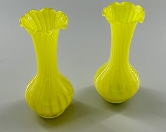 Vintage Murano Style Yellow Opaline Art Glass Bud Vases Pair Ruffled Rim Hand Blown Italy