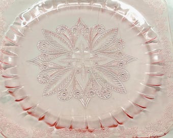 Vintage roze depressie glazen borden set van 2 geëtste bloemen vierkante lunch salade borden art deco glaswerk