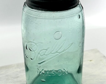Vintage Ball Triple L Mason Jar – Aqua Quart Canning Jar with Seed Bubbles – Farmhouse Kitchen Decor – Rustic Display