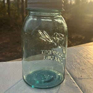 Rare Antique Blue Ball Perfect Mason Jar Blue with original Milk Glass Zinc Lid 1920’s #9. Gorgeous jar ! Has bubbles and a rare shaped 9 image 9