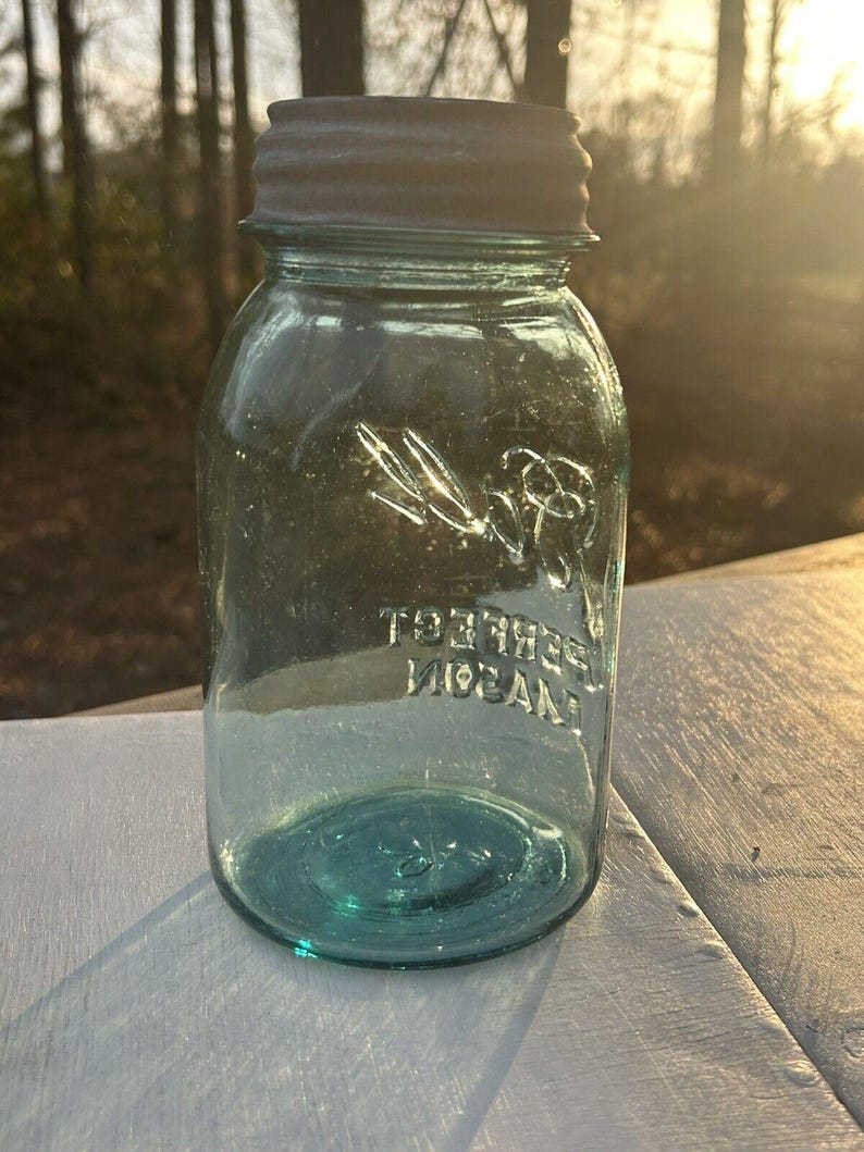 Rare Antique Blue Ball Perfect Mason Jar Blue with original Milk Glass Zinc Lid 1920’s #9. Gorgeous jar ! Has bubbles and a rare shaped 9 image 9