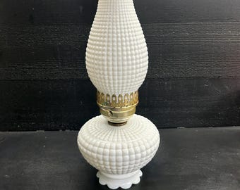Oil Lamp White Hobnail Milk Glass Fenton, Tall Pedestal Hurricane Lamp, Vintage Mid Century Table Lighting
